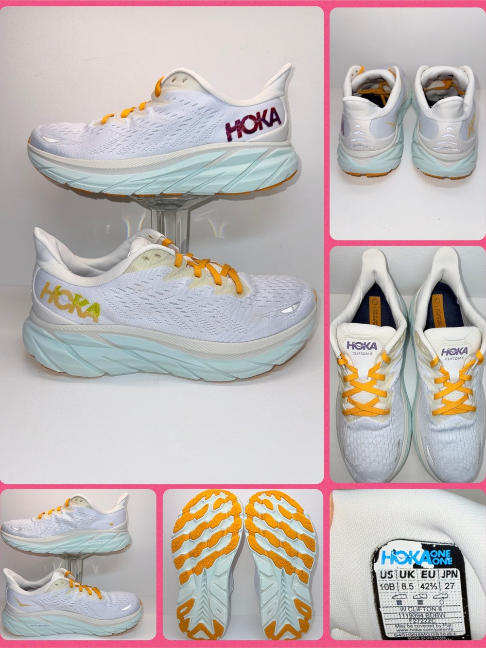 HOKA CLIFTON  8 White, Mint & Yellow Running Shoes